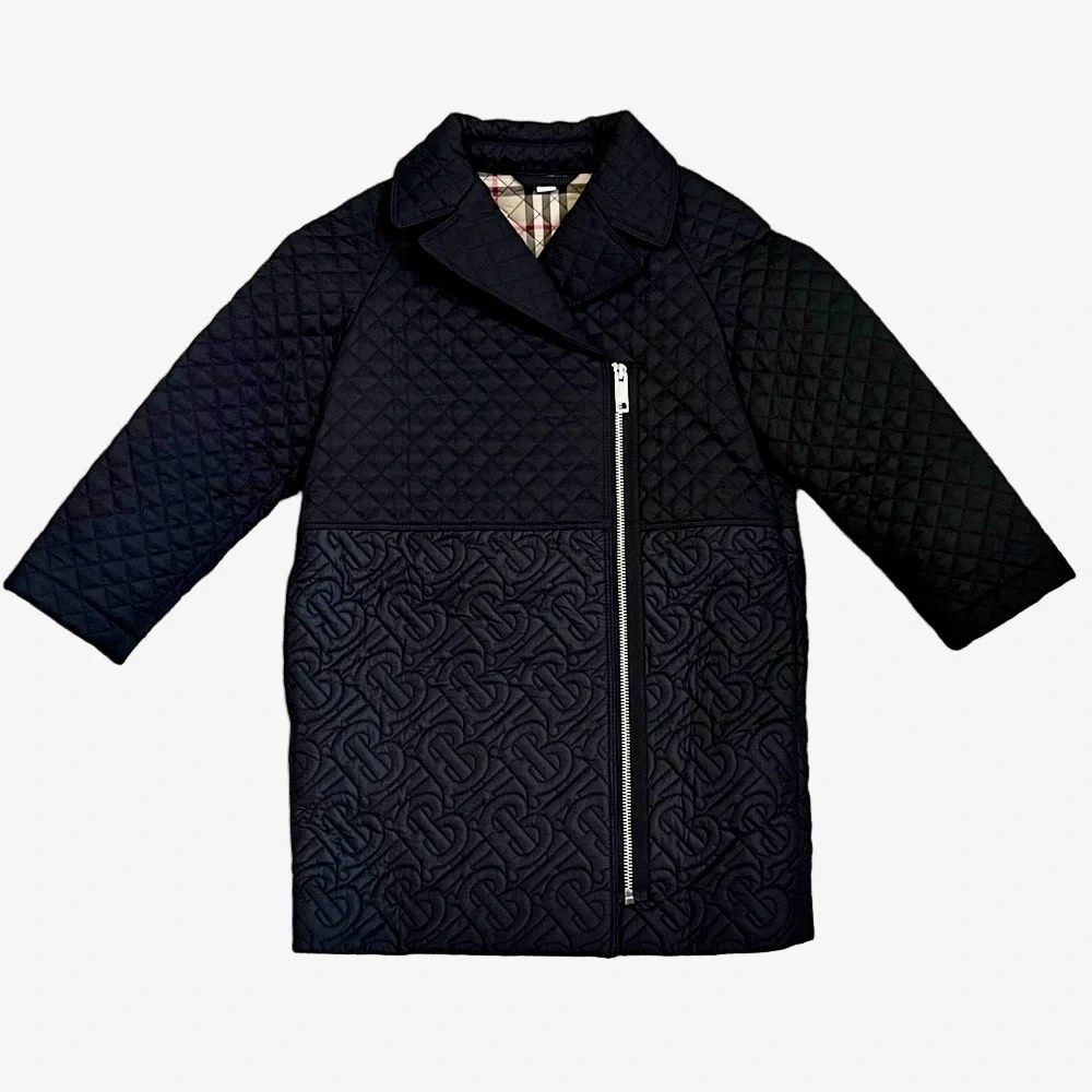 Burberry Girls’ Gia Cocoon Black TB Monogram Quilted Coat/Check Interior—6Y - Picture 2 of 16